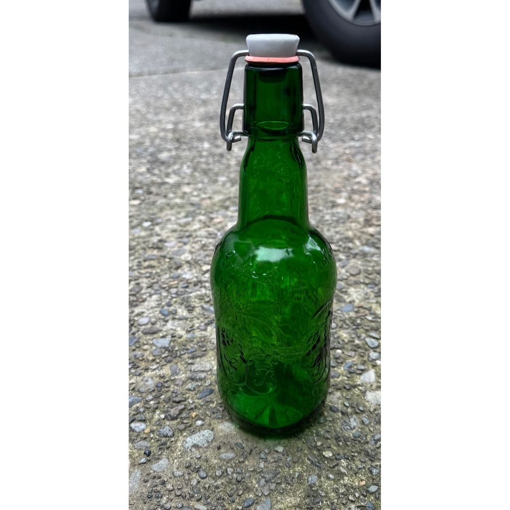 Grolsch Green Glass Beer Bottle Swing Top Porcelain Cap Embossed  15.2oz 9.5"